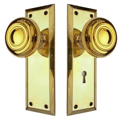 Doorknob Set - Lined Knob on Beveled Plate (7")